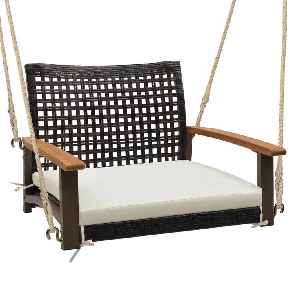 Spaco Single Rattan Porch Swing, Porch Swing with Armrests Cushion and Hanging Ropes, Durable Bench Swing for Outdoor as Garden, Patio, White