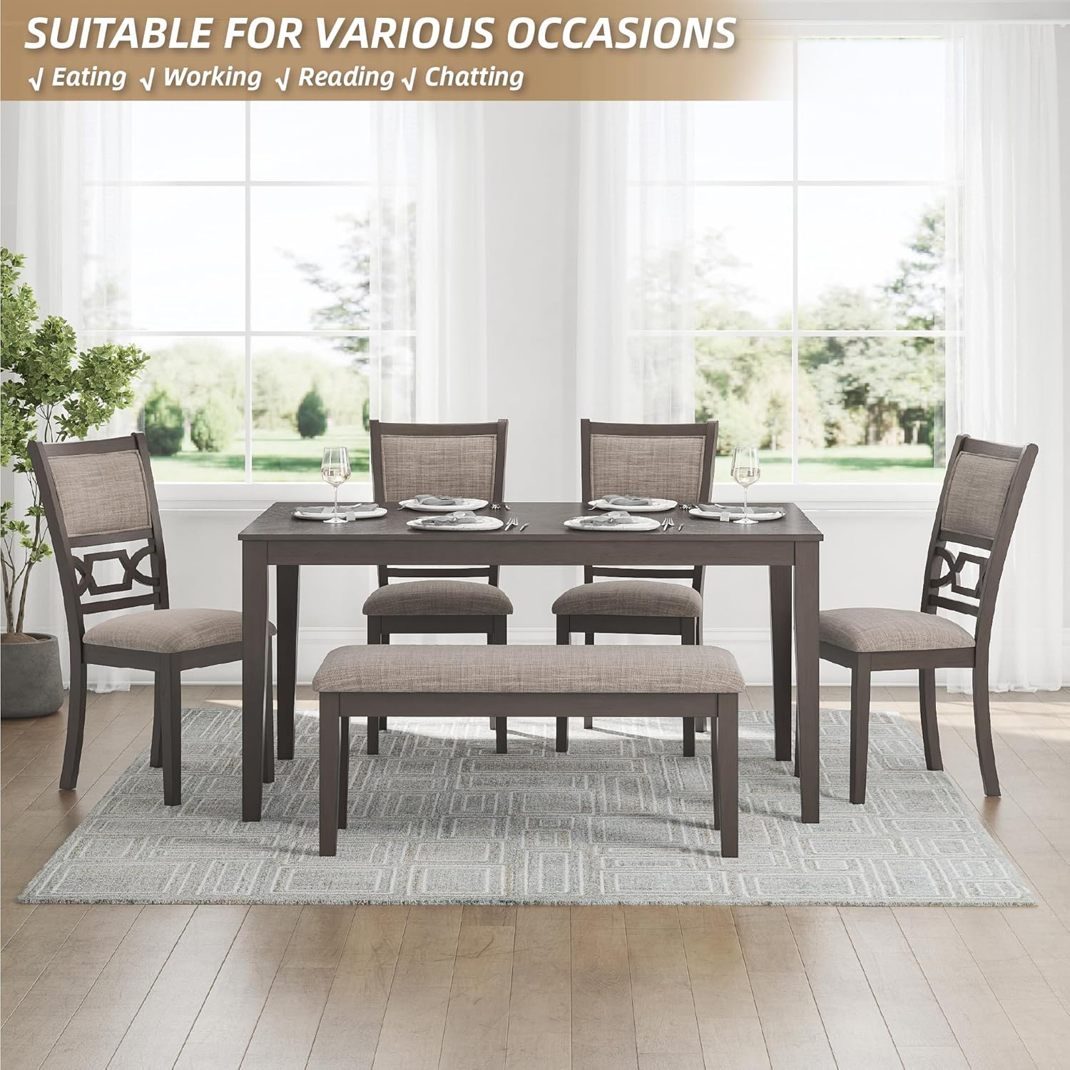Signature Design by Ashley Wrenning Diamond Patterned Dining Table Set, 4 Upholstered Chairs and Bench, Seats 6, Wood, Gray