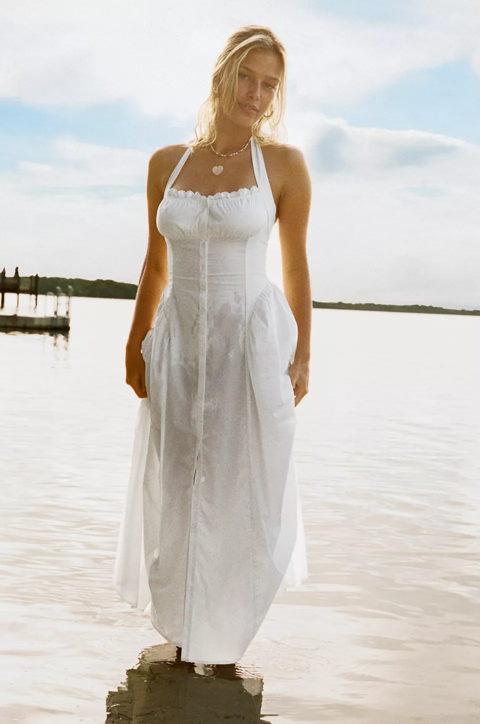Kimchi Blue Tea Time Basque Waist Halter Midi Dress-White