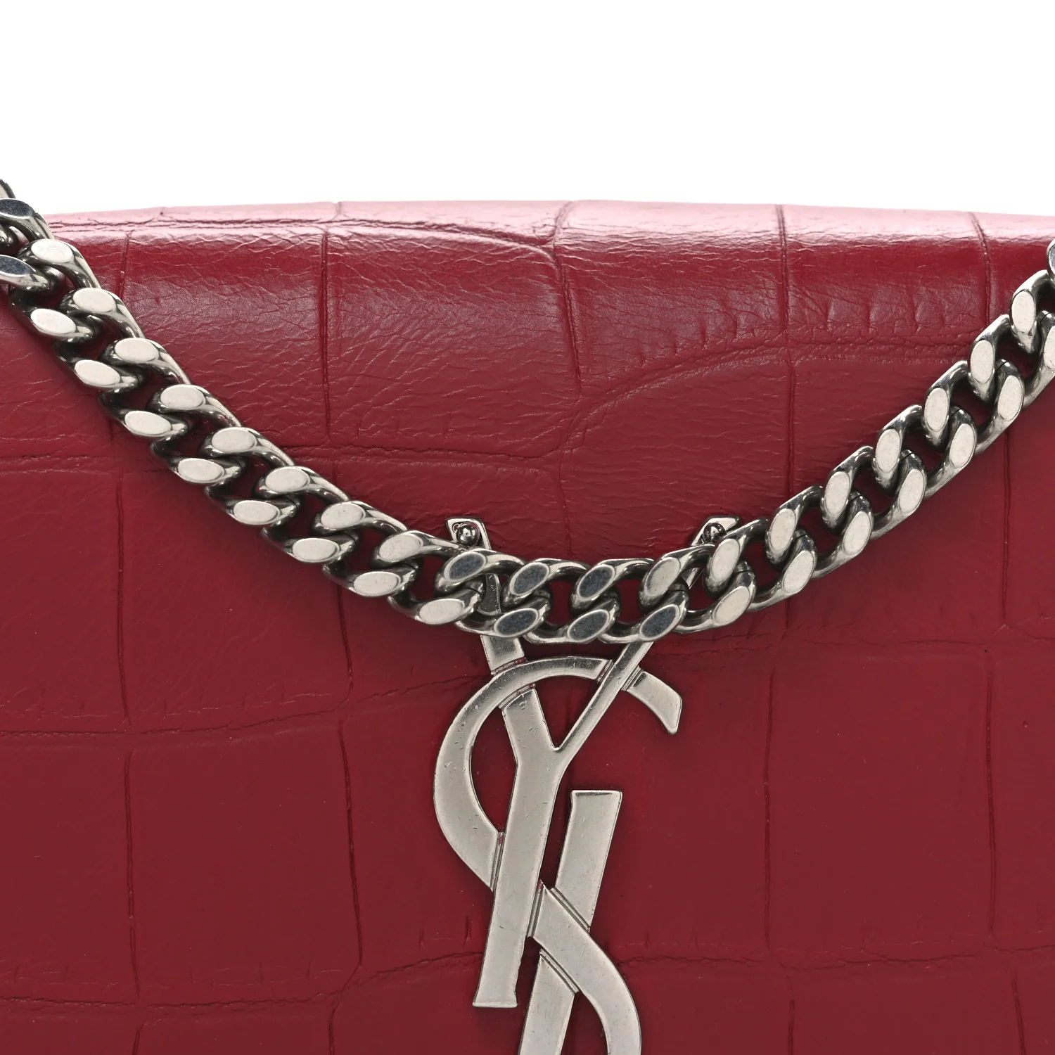 Calfskin Crocodile Embossed Small Classic Monogram Kate Tassel Satchel Red