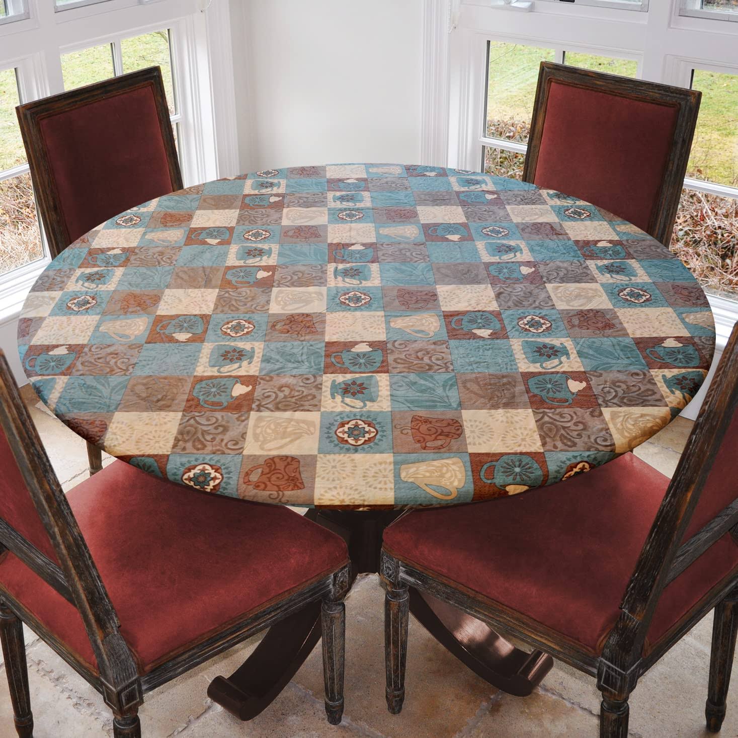 Covers for The Home Elastic Edged Flannel Backed Vinyl Fitted Table Cover - Global Coffee Pattern - Small Round - Fits Tables Up to 44