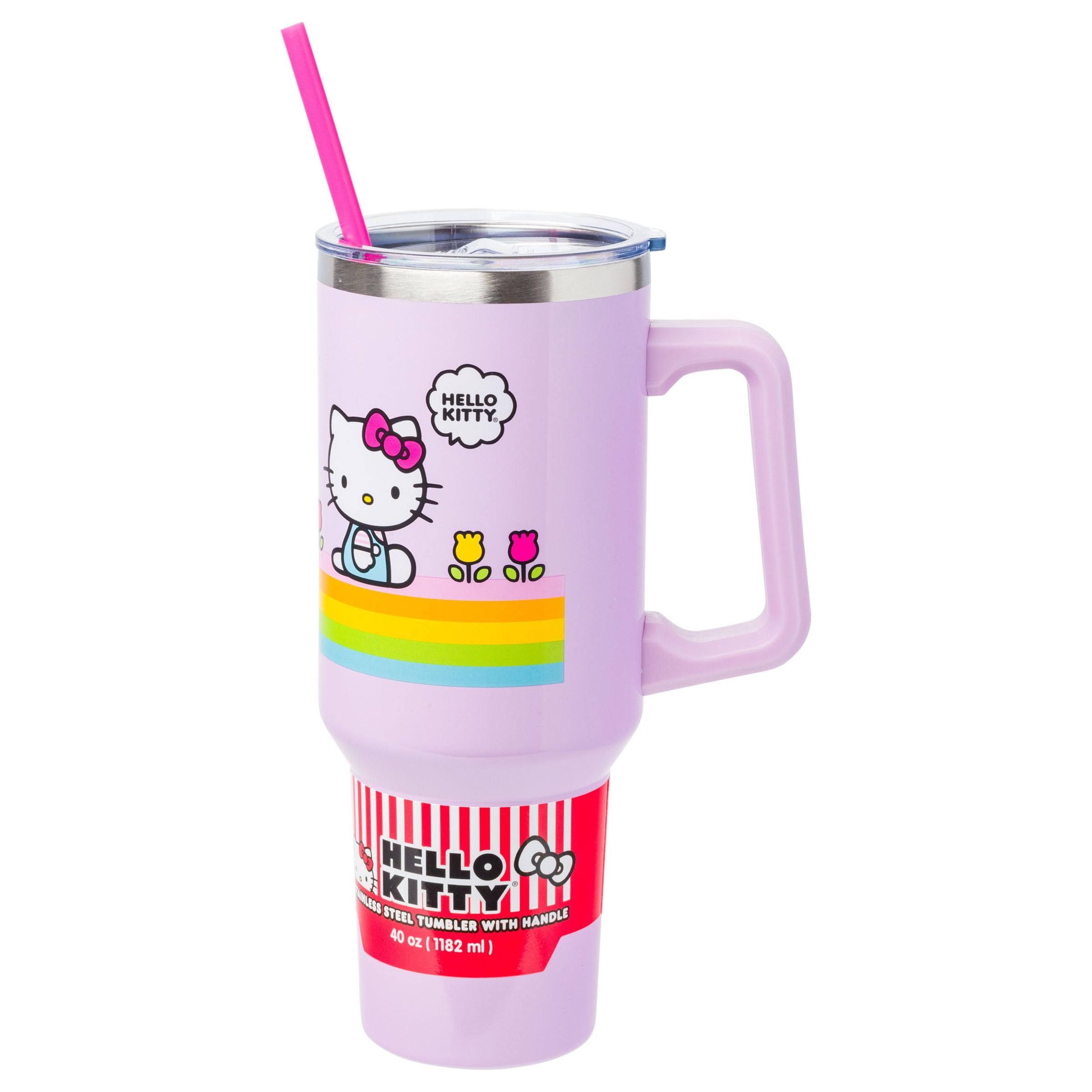 Silver Buffalo Sanrio Hello Kitty Spring and Summer Flowers Rainbow Stripes Stainless Steel Tumbler with Handle and Straw, Fits in Standard Cup