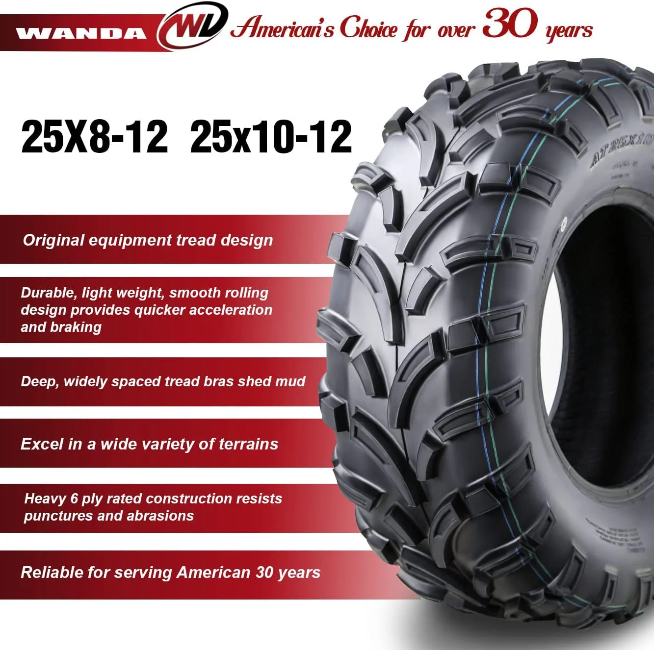 Wanda ATV/UTV Tires 25x8 - 12 Front & 25x10 - 12 Rear /6PR P373, Set 4