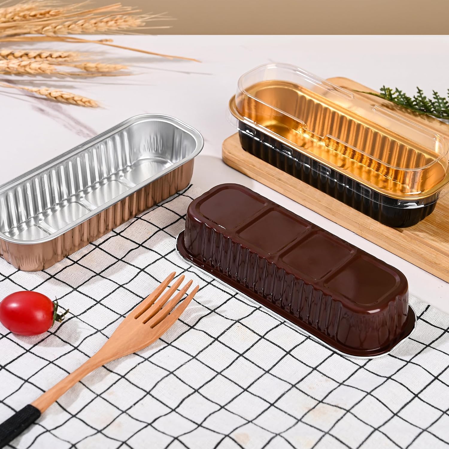 Findful Mini Loaf Baking Pans with Lids and Spoons (50 Pack, 6.8oz) Rectangular Aluminum Foil Baking Pans Tins Containers - Cupcake Containers Wrappers Cheesecake Creme Brulee Ramekins