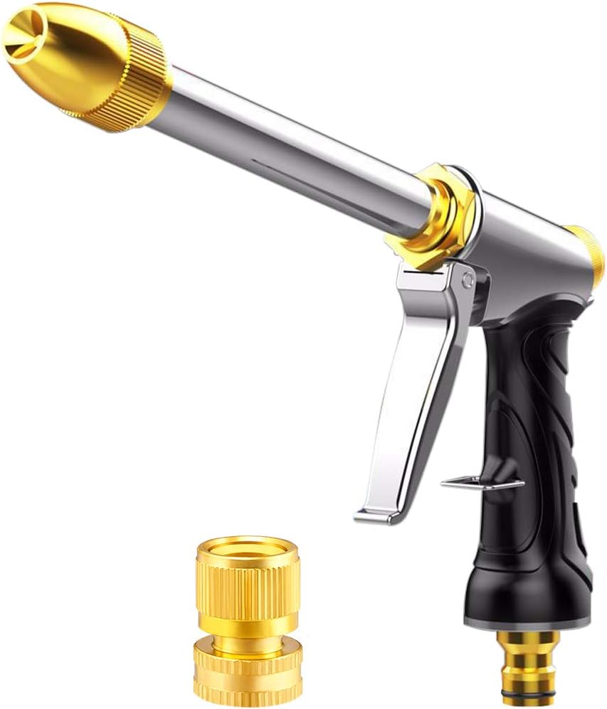 Upgrade Water Hose Nozzle Long Rod Garden Hose Nozzle Heavy Duty Metal Brass Sprayer 360° Rotating spray gun for car wash, plants and lawn, patio gardening, pet shower hose nozzle + quick connector