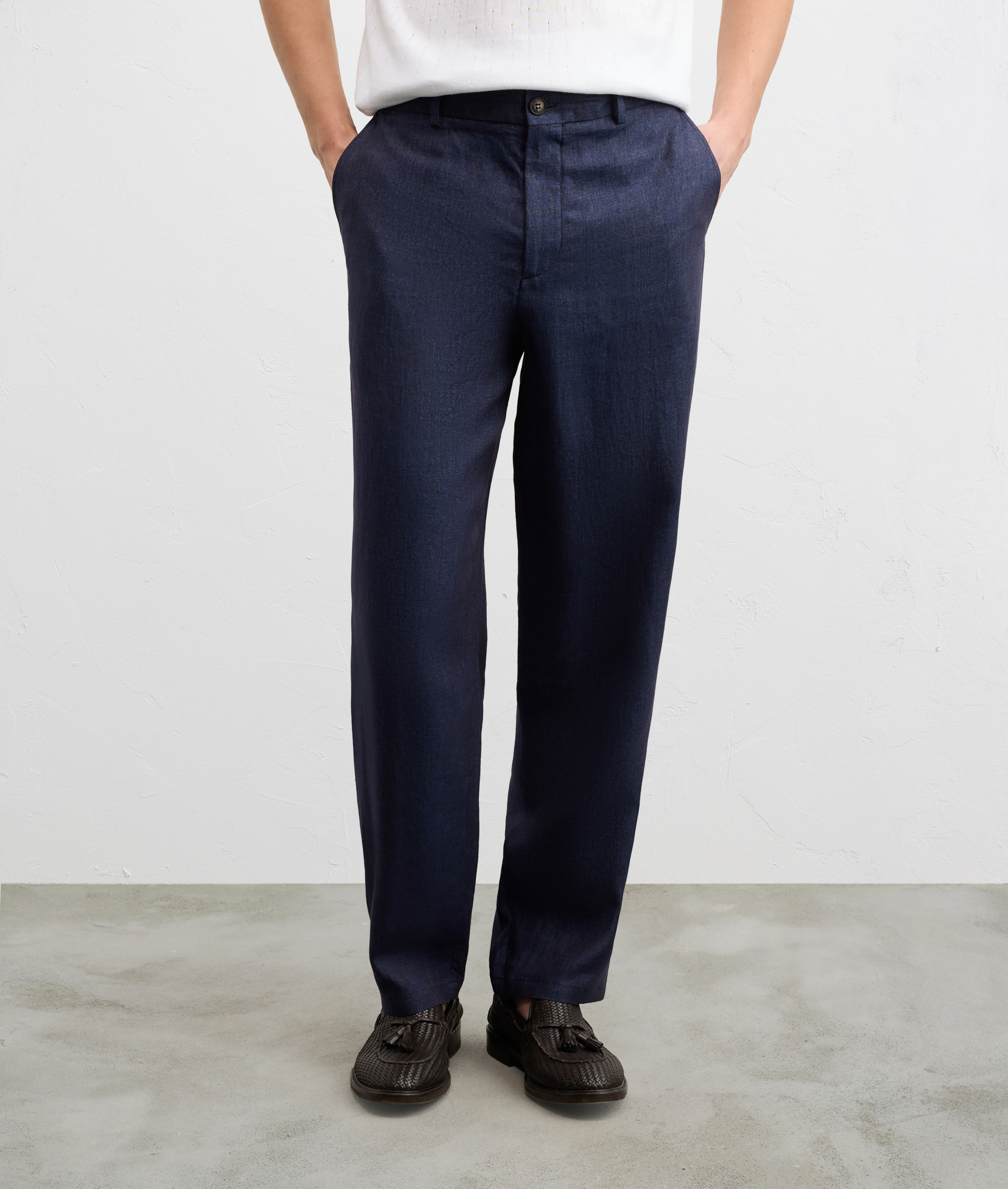 NAVY BLUE LINEN FLAT FRONT CHINOS