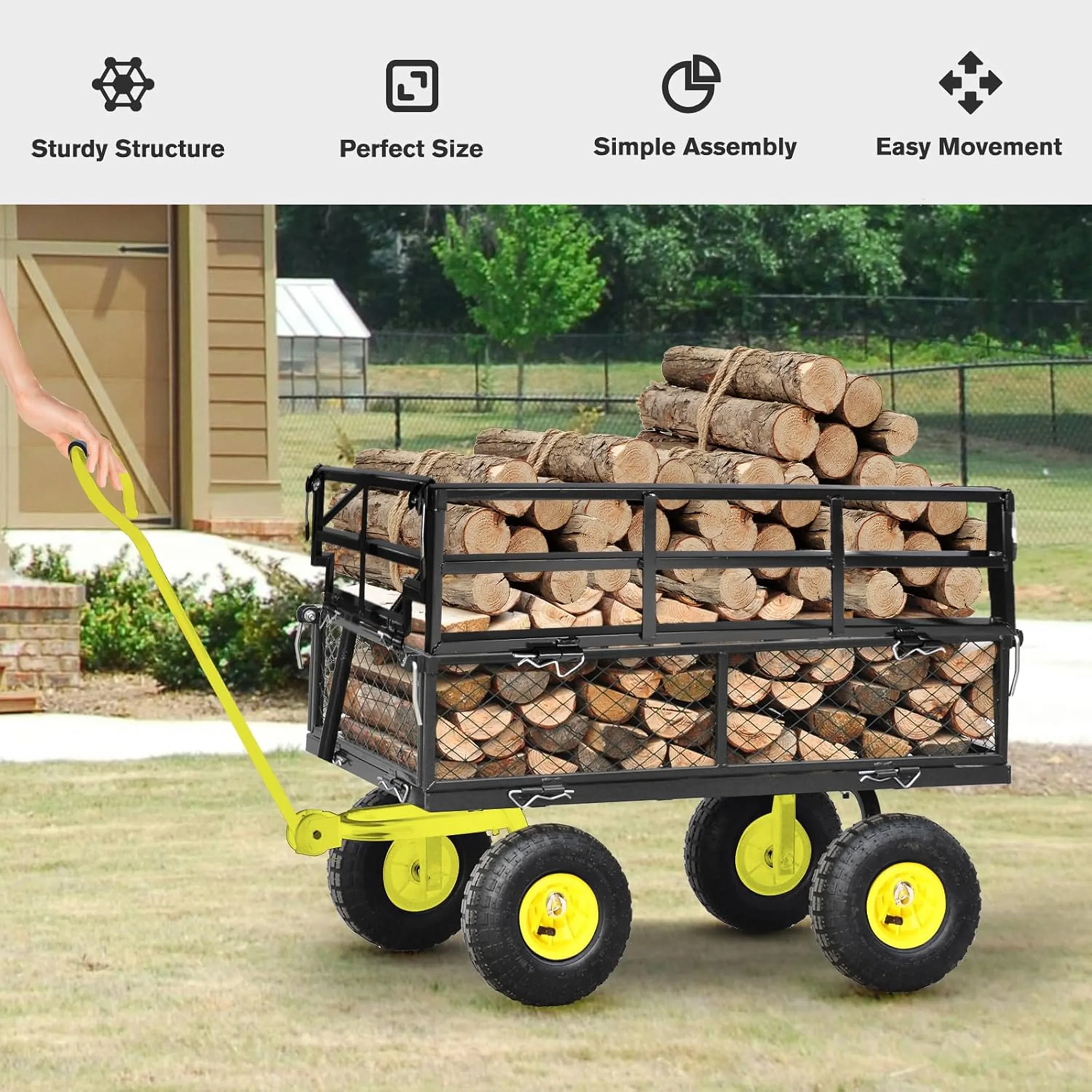 Furnibear Heavy Duty Steel Garden Cart 1500lbs Capacity, 6.35 cu ft, 40.55 x 27.56 Folding Utility Wagon with Double-Layer Removable Side, Black