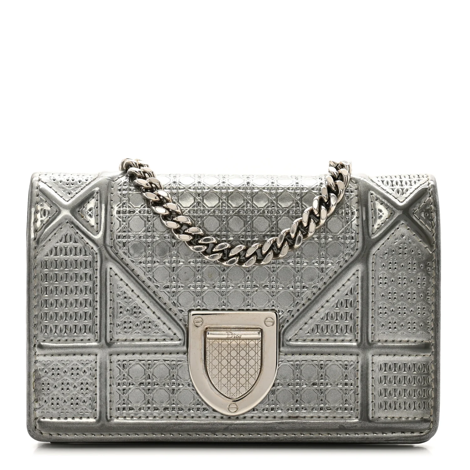 Metallic Patent Micro-Cannage Baby Diorama Flap Bag Silver