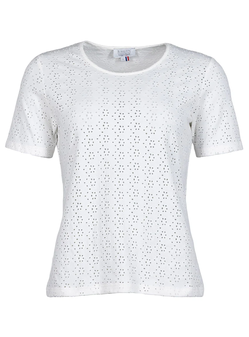 Tee-shirt femme en maille ajourée coton blanc crème