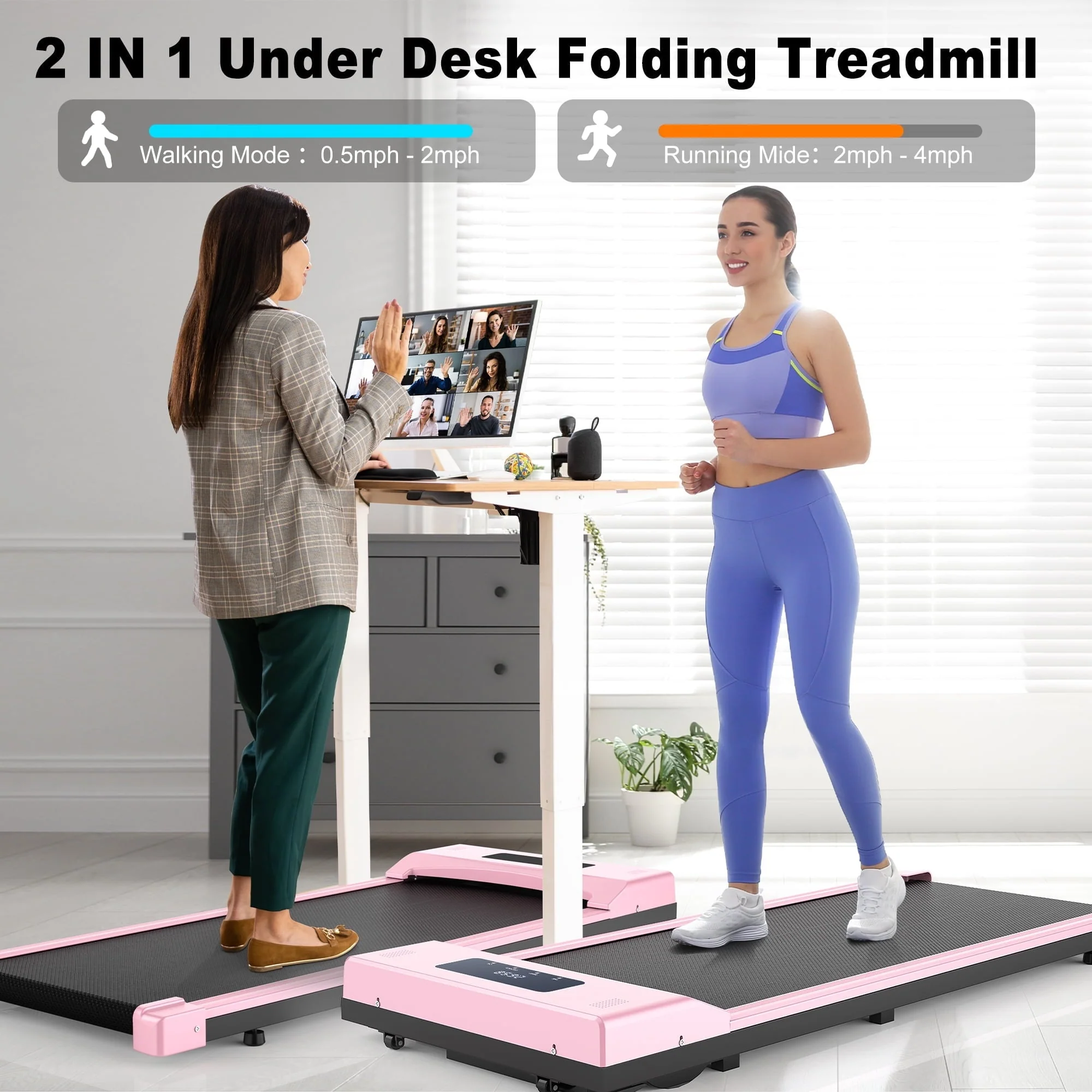 Adnoom Under Desk Treadmill, 2.5HP Installation - Free Slim Flat Compact Treadmill, Electric Quiet Walking Treadmill with LED Display and Wireless Remote Control for Home/Office (Pink)