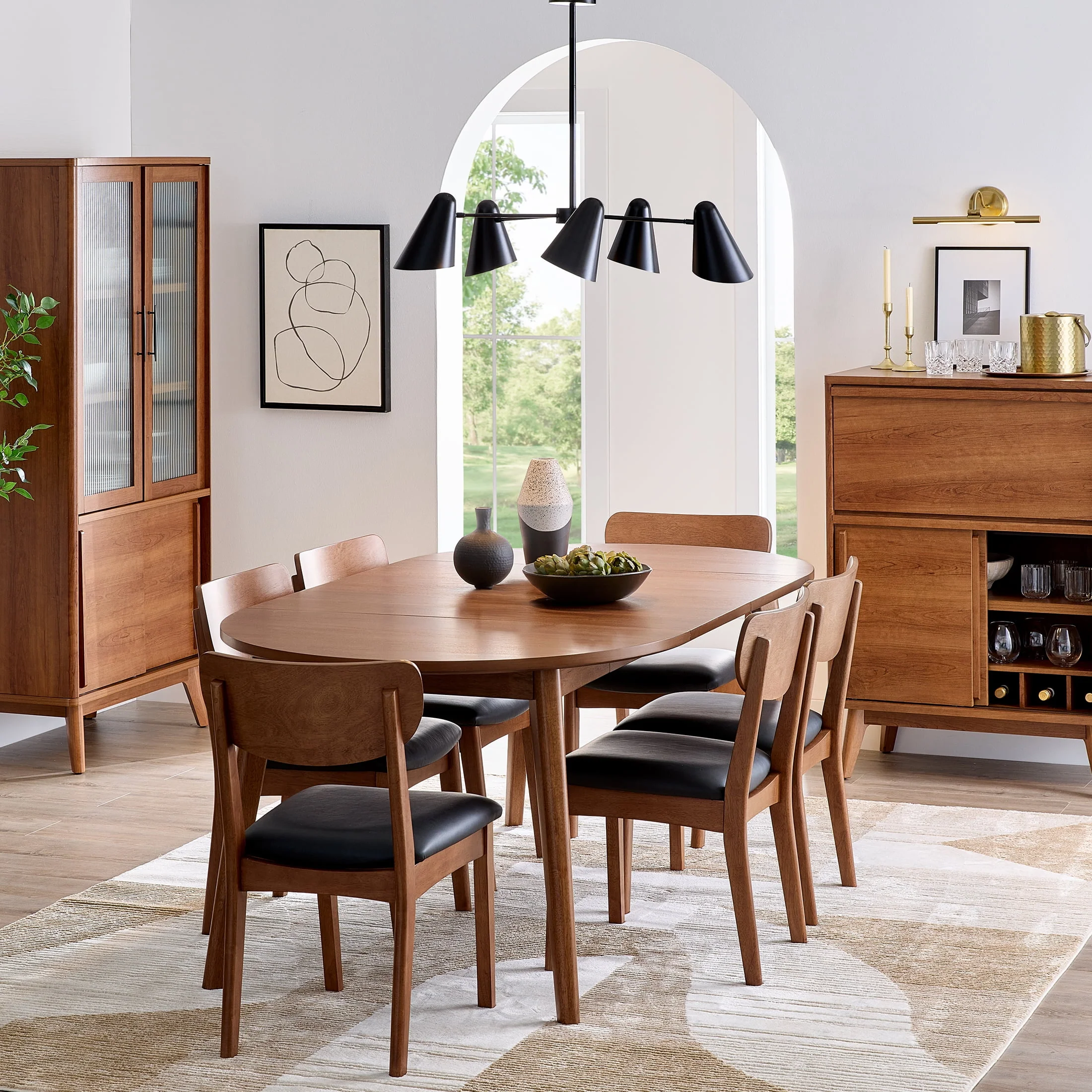 Better Homes & Gardens Greyson Mid-Century Dining Chairs, Black Faux Leather, Acorn Finish, Set of 2