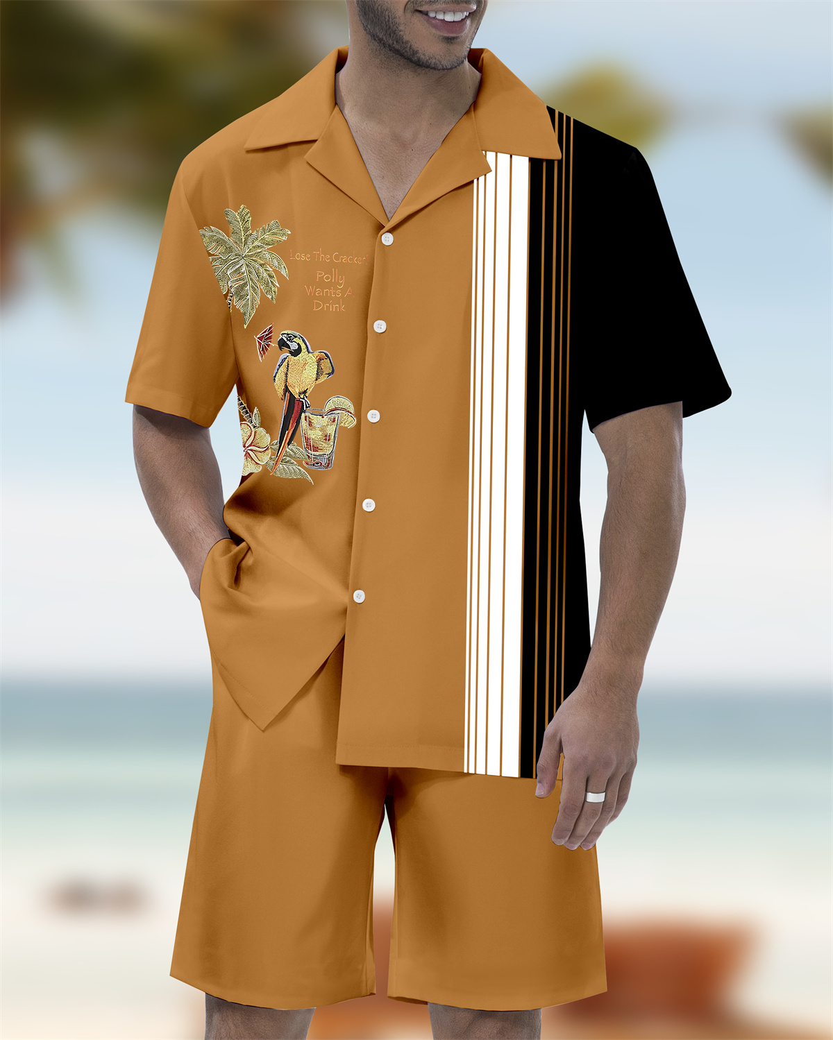 Ensemble chemise à manches courtes pour homme, motif tête de perroquet, col cubain hawaïen