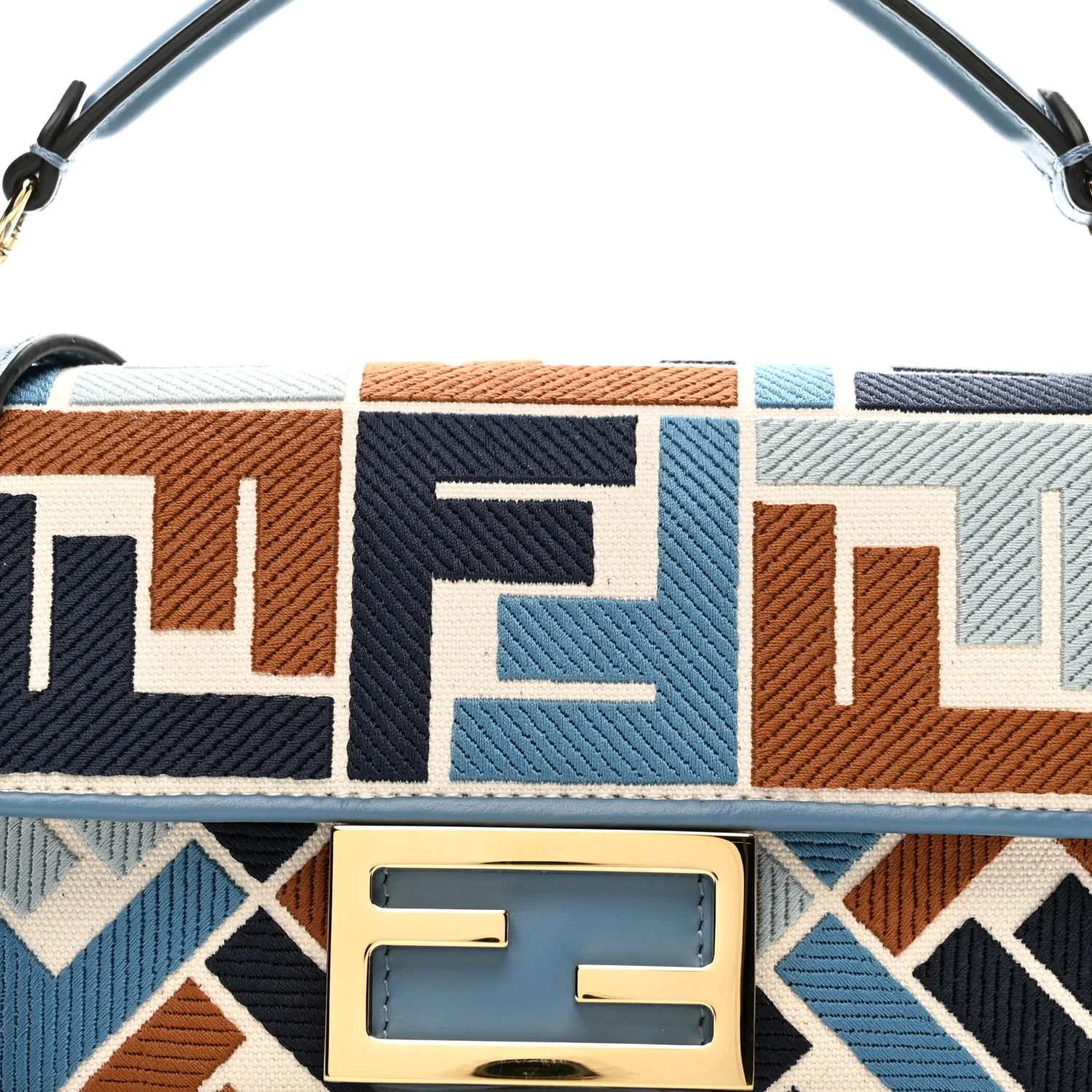 Canvas Vitello King Seta FF Embroidered Mini Baguette Blue Multicolor