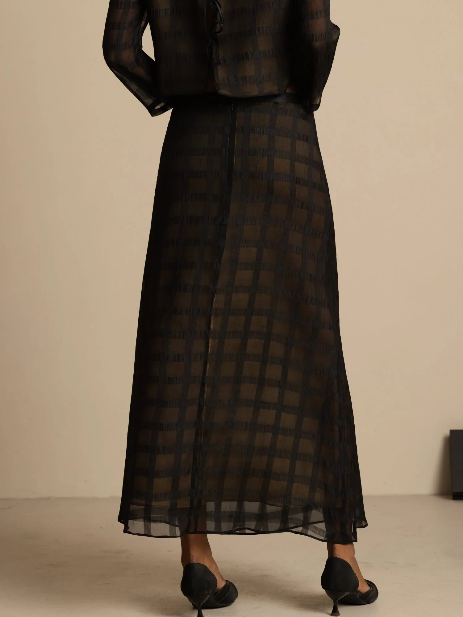 Pure Silk High-Waist A-Line Textured Grid Long Skirt With Back Zipper