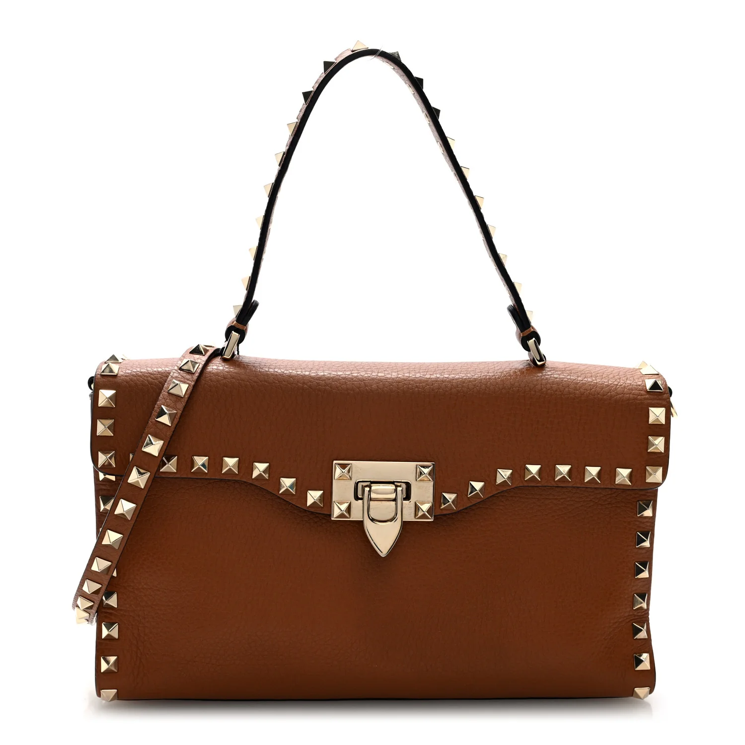 Pebbled Calfskin Rockstud Flip Lock Top Handle Bag Cognac
