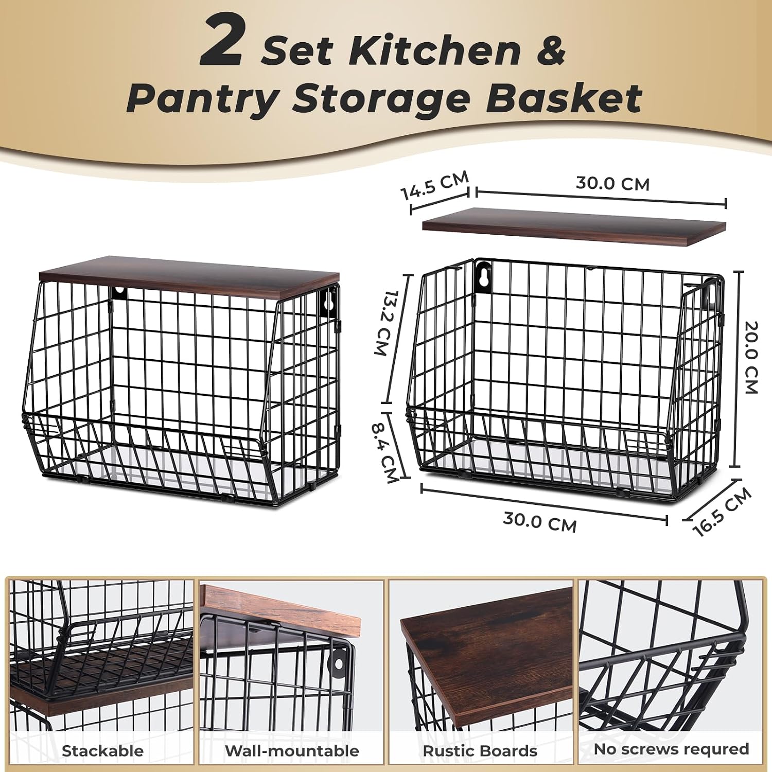 Mefirt 2pcs Fruit Basket Kitchen Storage Basket with Wood Lid