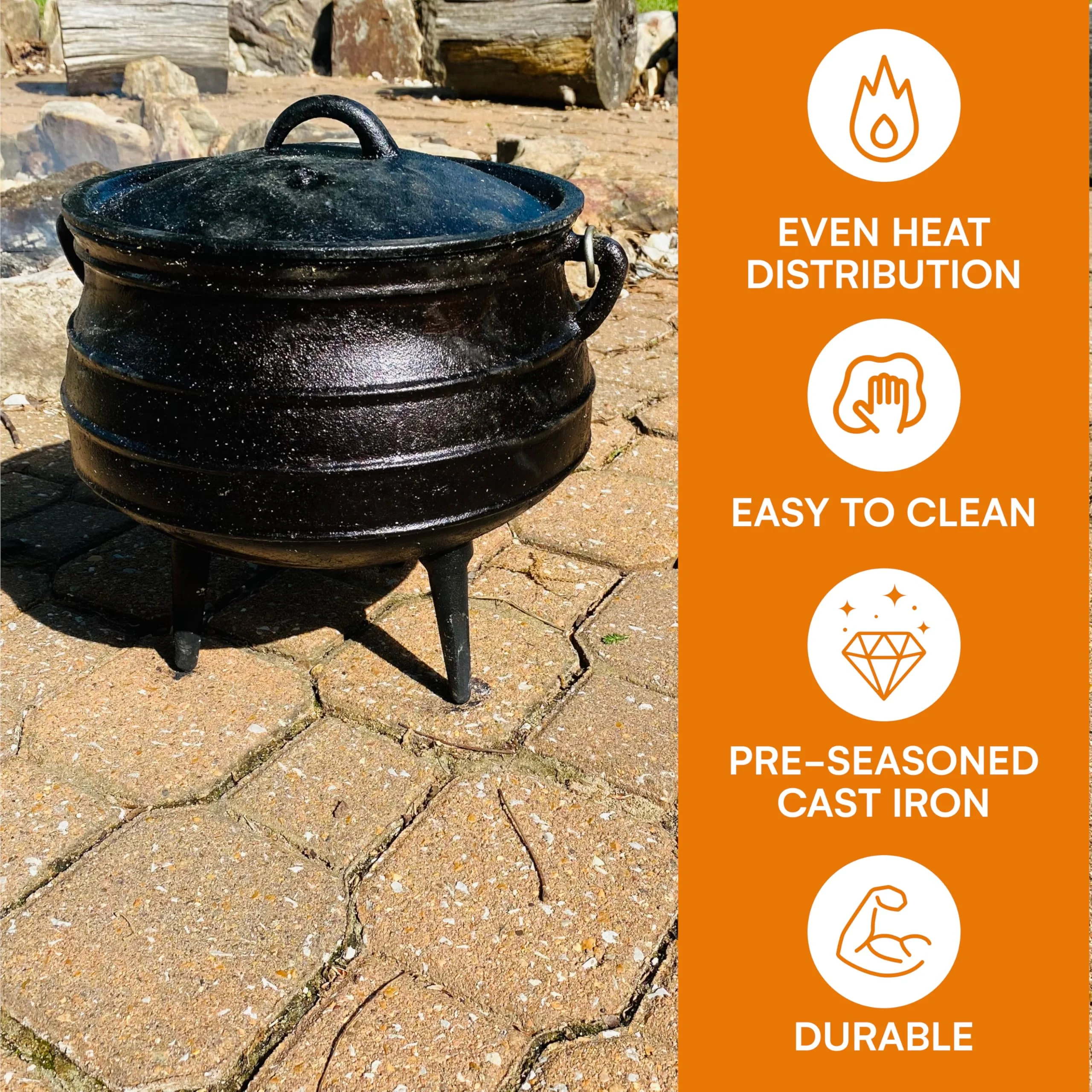 8-Quart Pre-Seasoned Cast Iron Cauldron African Potjie Pot with Lid 3-Legged Pot for Even Heat Distribution Outdoor Cast Iron Dutch Oven Cookware for Campfire Cooking and Boiling - Image 5