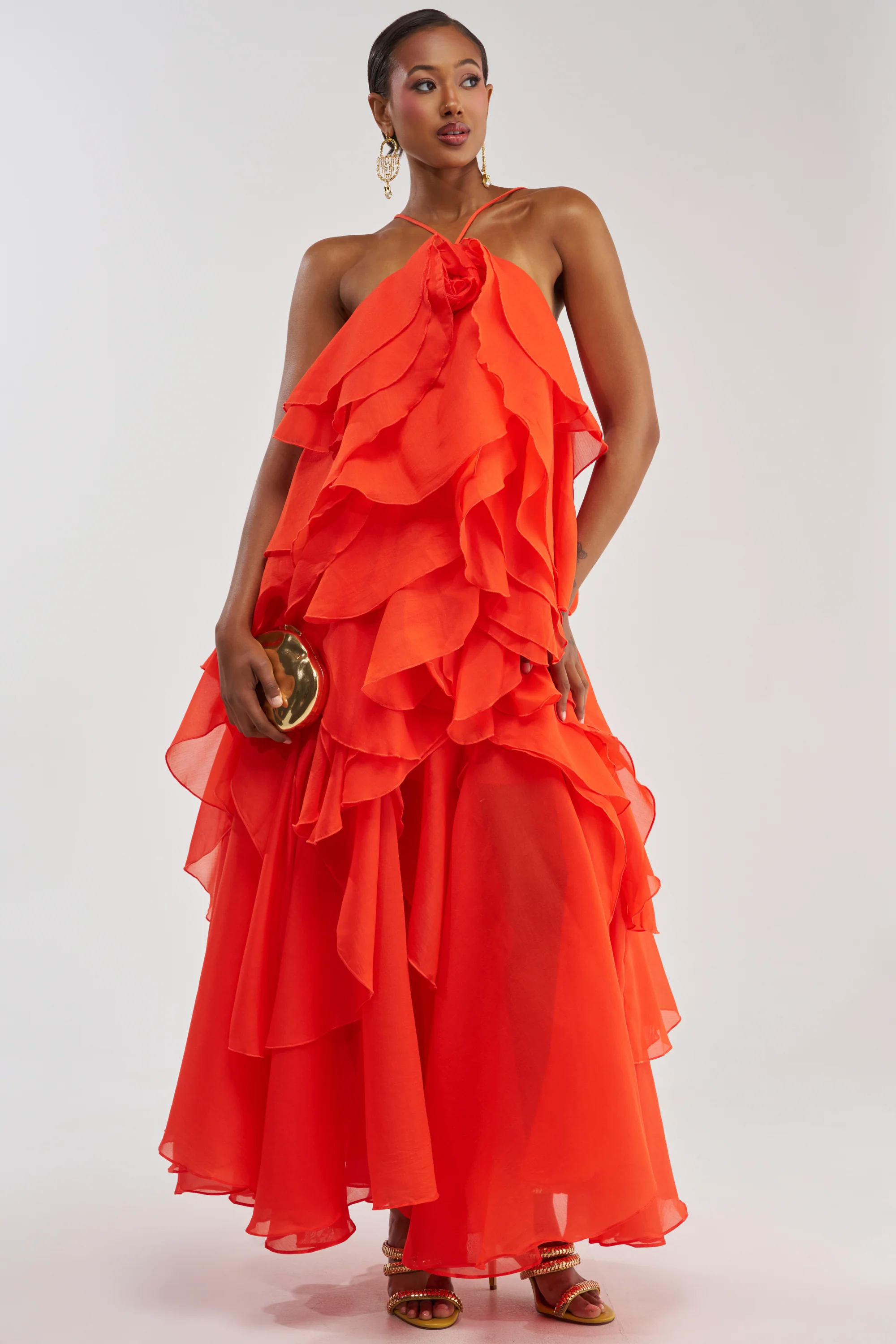 GOLDEN HOUR FLORAL CHIFFON MAXI DRESS IN ORANGE - Akira Store