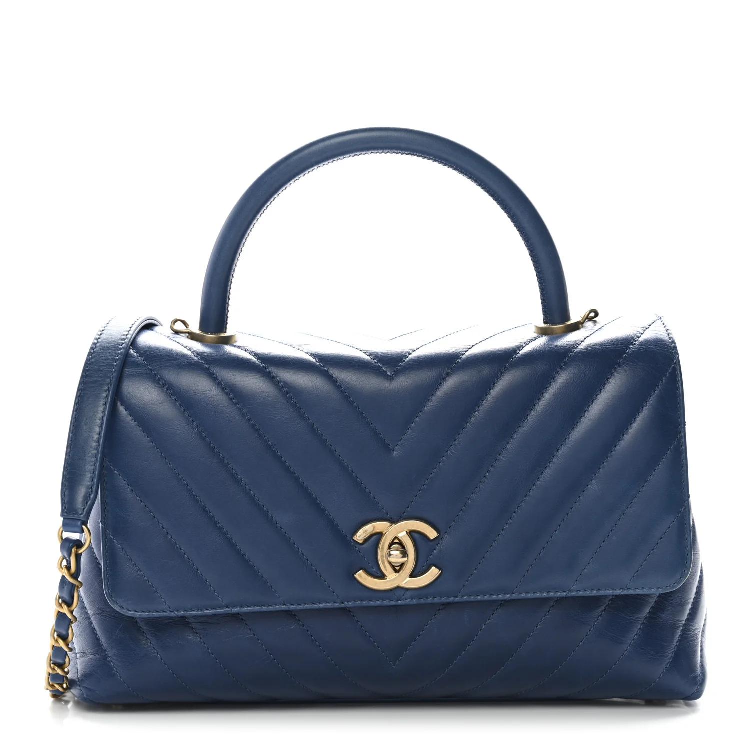 Aged Calfskin Chevron Quilted Small Coco Handle Flap Blue