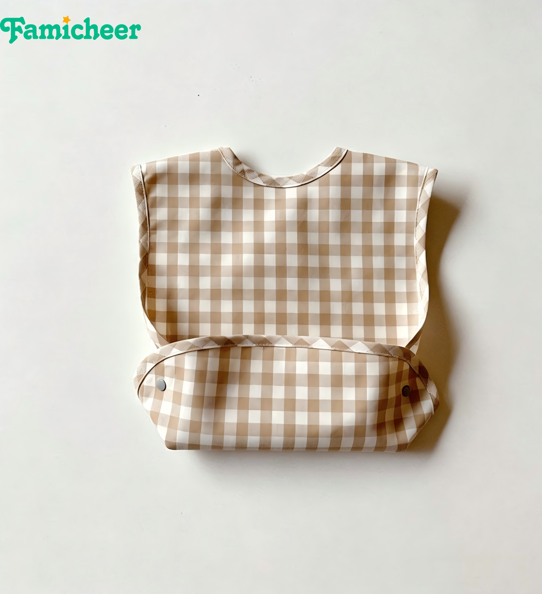 Waterproof Coated Fabric Infant Bib Gingham Plaid Sleeveless Design Detachable Crumb Catcher Baby Bib for Baby Self Feeding Time