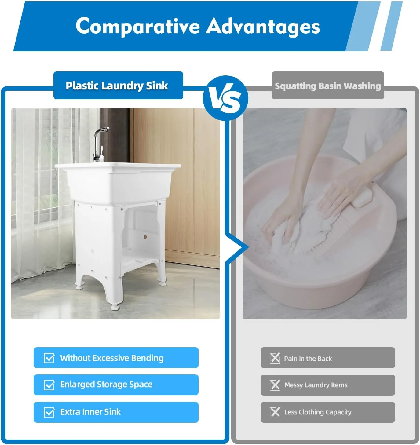 Freestanding Utility Sink, Utility Sink Extra-Deep Laundry Tub, Freestanding Plastic Utility Sink Laundry Tub Sink for Basement, Laundry Room, Garage or Shop (White)(White 33.07IN H) - Image 10