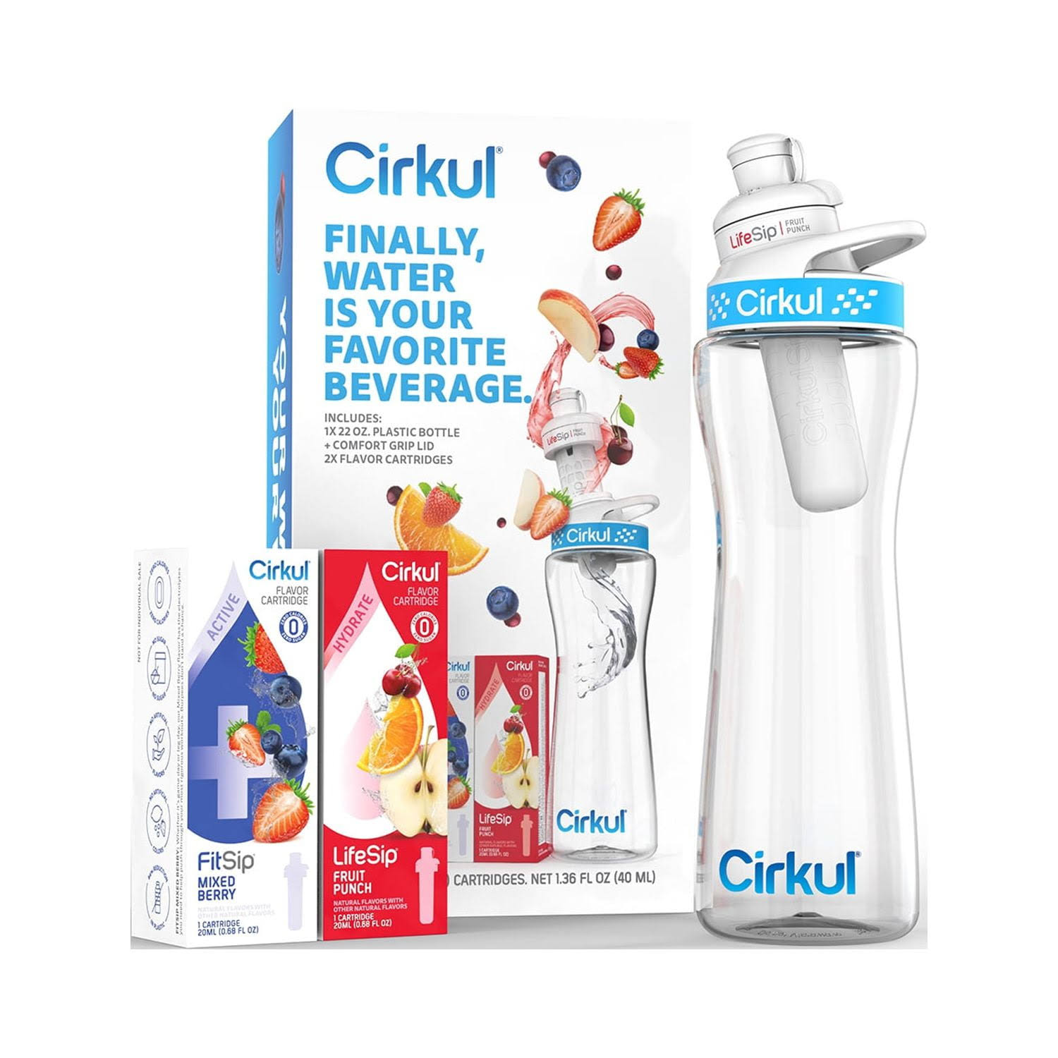 Cirkul Plastic Water Bottle Starter Kit with Blue Lid 22oz & 2 Flavor Cartridges