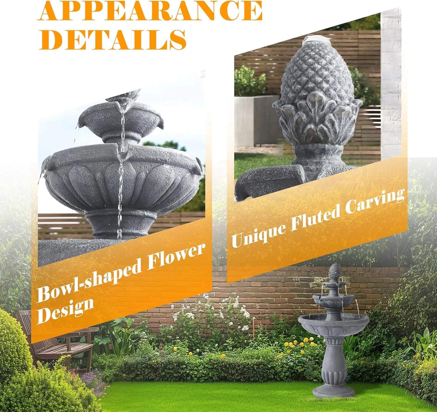 40.6" High Large Italian Outdoor Water Fountain, 3-Tier Standing Bubbler Waterfalls Fountain with Pineapple Top and Roman Pillar, Resin Garden Water Fountains for Bird Bath Patio Yard Deck - Image 6