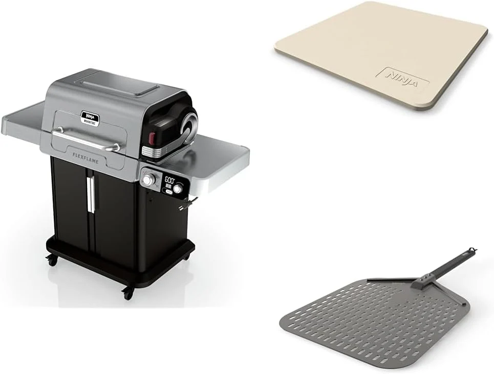 Ninja FlexFlame, Grill et fumoir, Grill électrique et au propane, Rôtissoire, Barbecue, Système de cuisson 5 en 1, 3 brûleurs, Commandes numériques, Cuisine extérieure, Plaque de cuisson, Appareil à pizza, Acier inoxydable, PG301