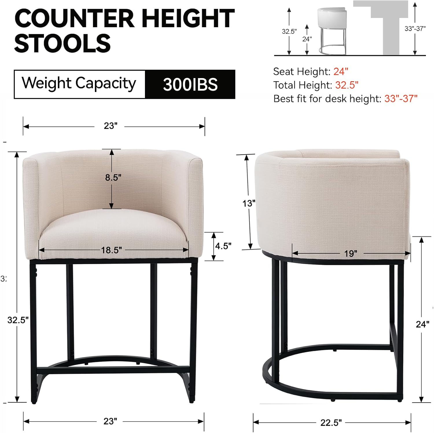 Contemporary Cream Linen Bar Stools Set of 3, 24