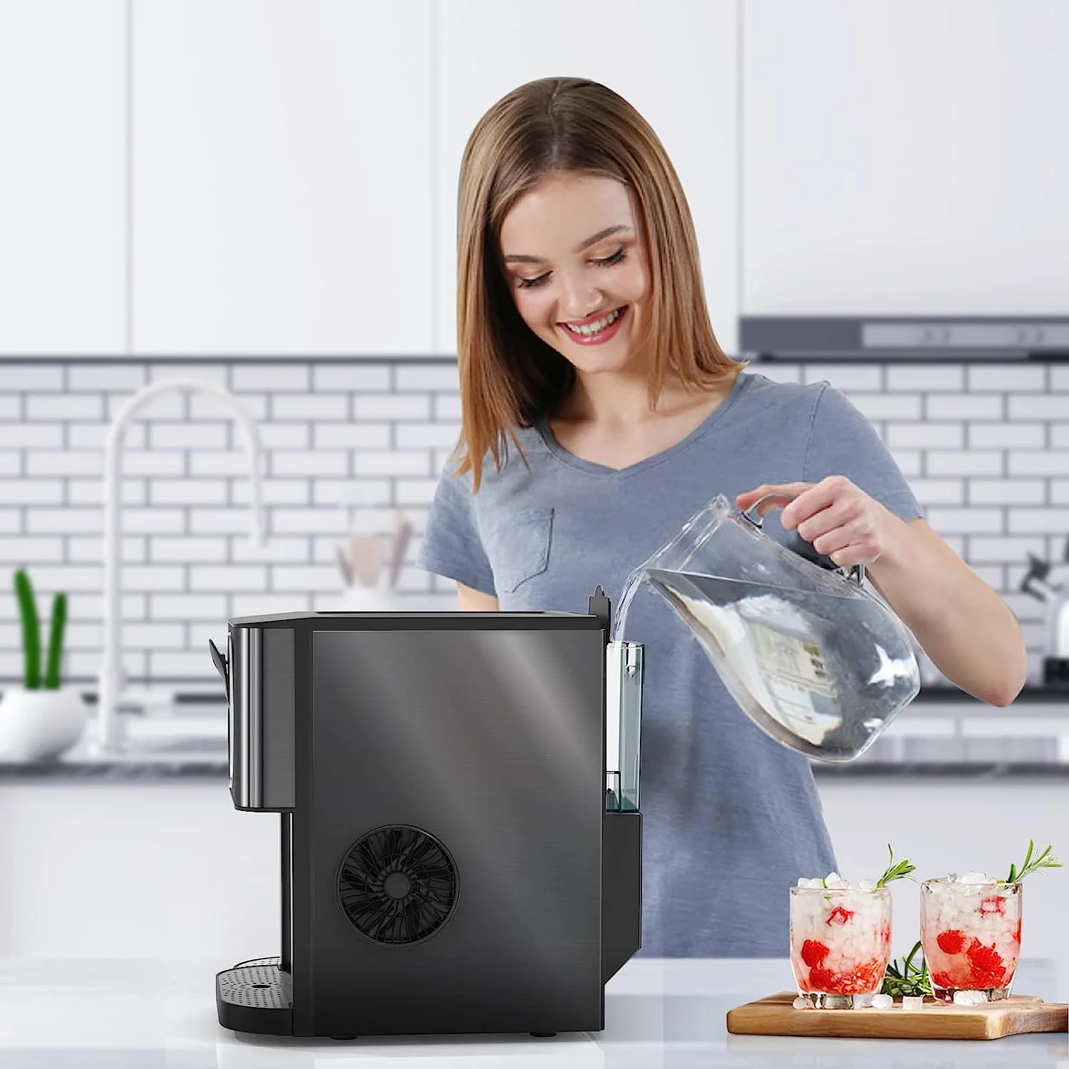Auseo Ice Maker Countertop with Soft Chewable Ice, 44 lb/24H, Self - Cleaning, One - Click Operation for Home/Party(Black)
