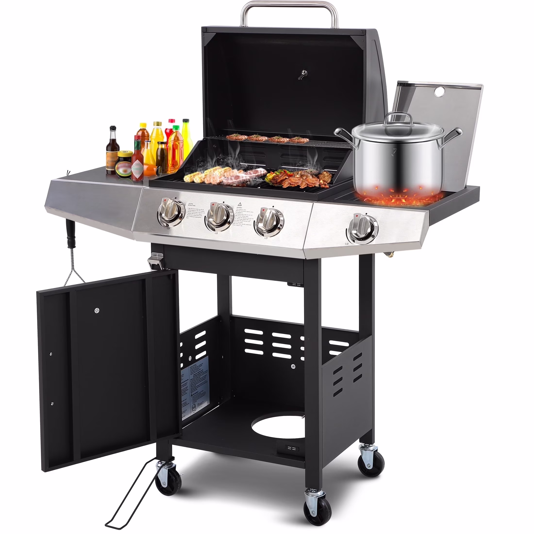 4-Burner Gas Grill with 4 Universal Wheels Bottle Opener, 40000BTU Outdoor Grill with Side Table for Camping, Black Sliver(4-Burner (40000 BTU)) - Image 3