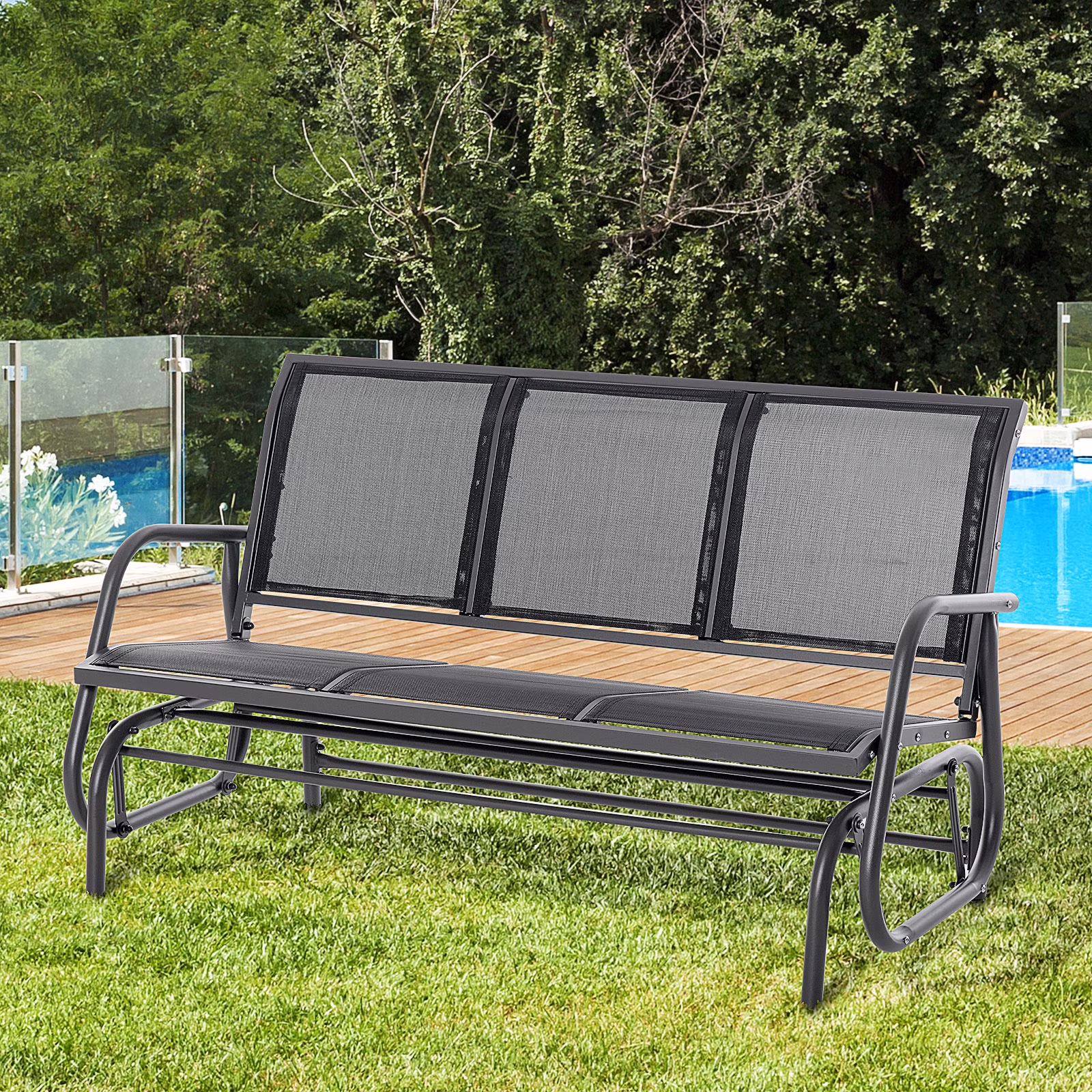 Patio Glider Bench, Outdoor Porch Glider Swing with 3 Seats, Breathable Mesh Fabric, Metal Frame, Black(Black)