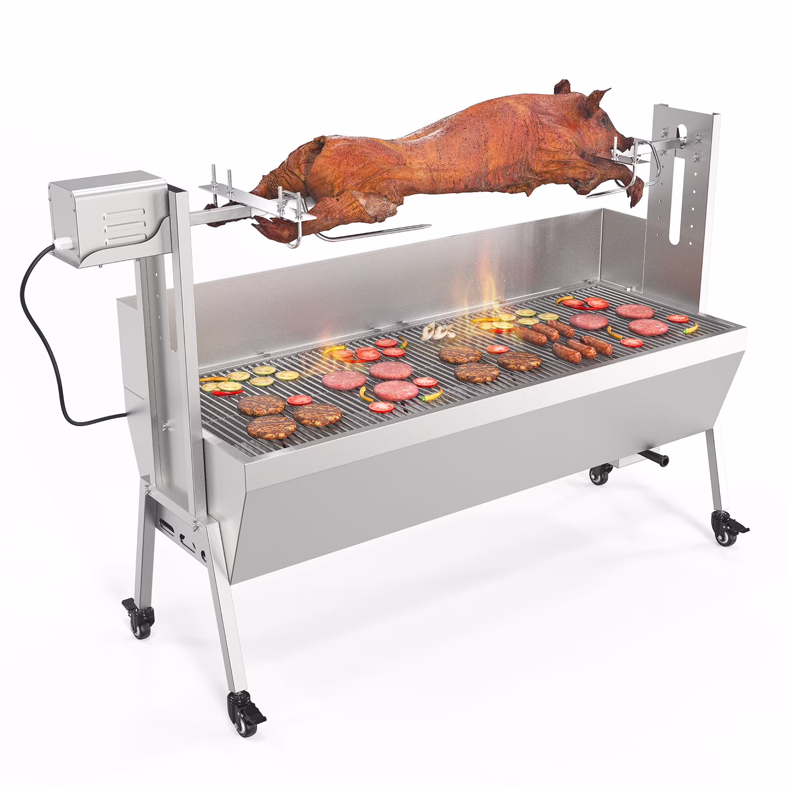 46 Electric Rotisserie Grill 176 lbs Capacity 25w Pig Lamb Spit Roaster Rotisserie w/Lockable Wheels Wind Baffle with Adjustable Height(46" Length)