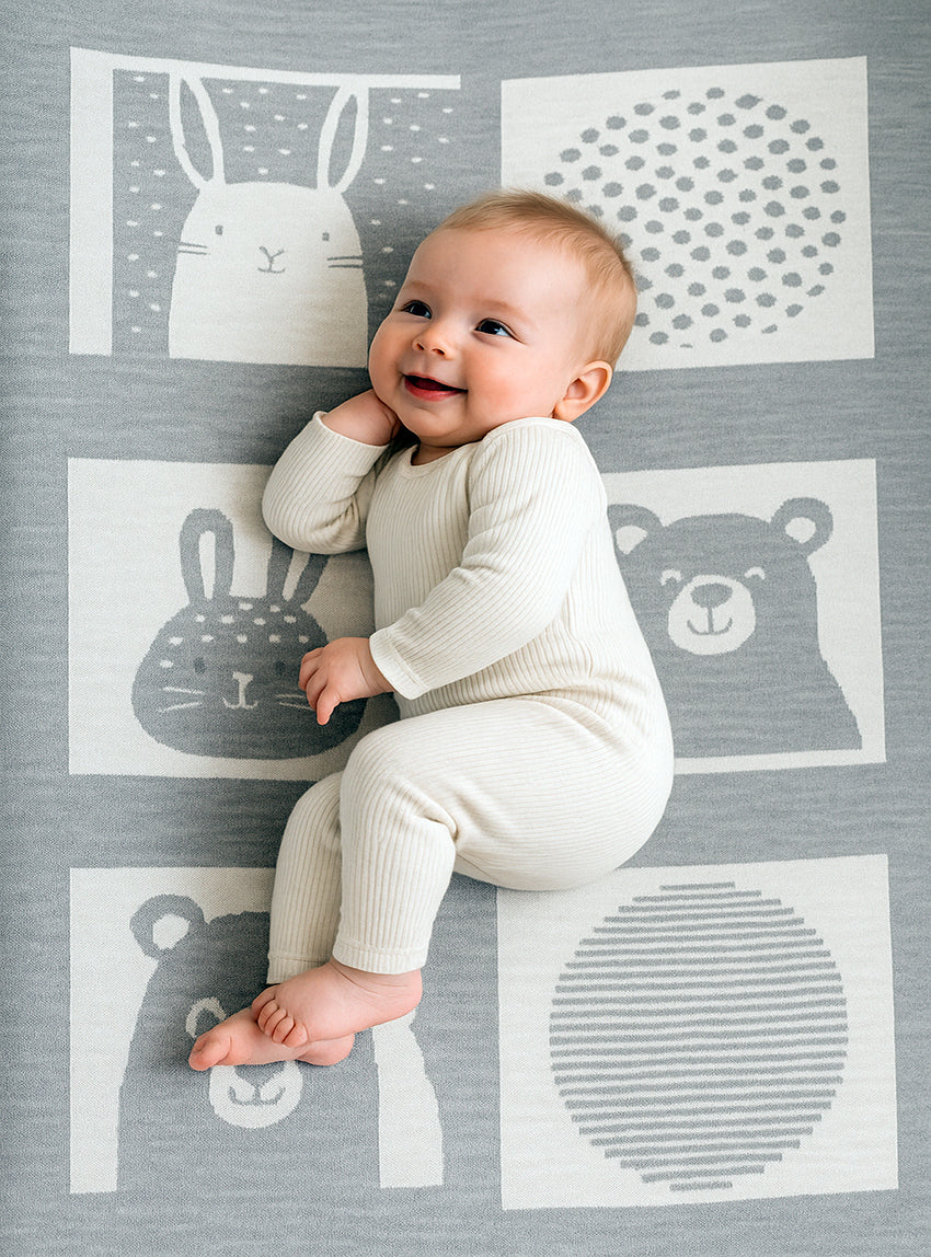 Plaid bébé laine mérinos motif animaux gris métal