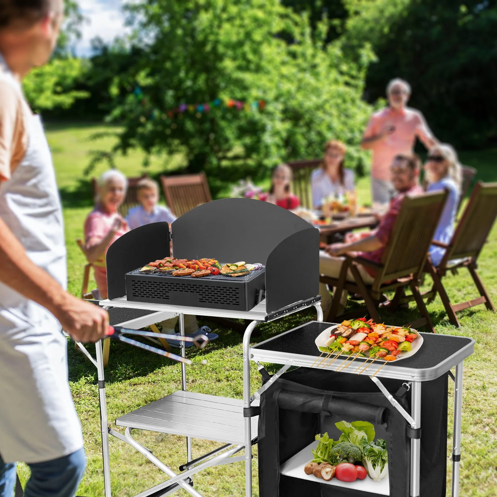 Camping Kitchen Station Aluminum Outdoor Cook Table Camping Table Black - Image 3