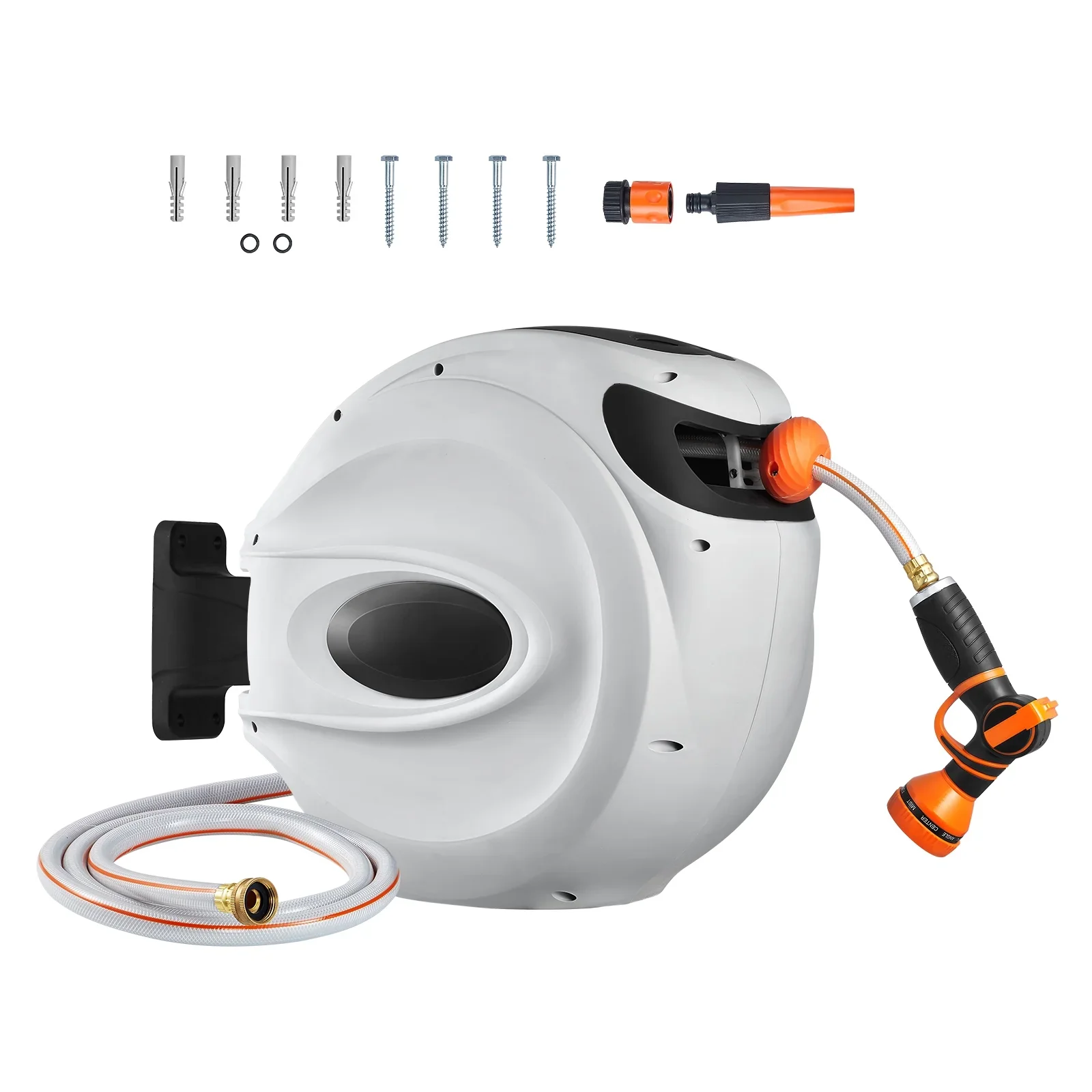 KFFKFF Retractable Hose Reel, 65 ft x 5/8 inch, 180�� Swivel Bracket Wall-Mounted, Garden Water Hose Reel with 9-Pattern Nozzle, Automatic Rewind, Lock at Any Length, and Slow Return System