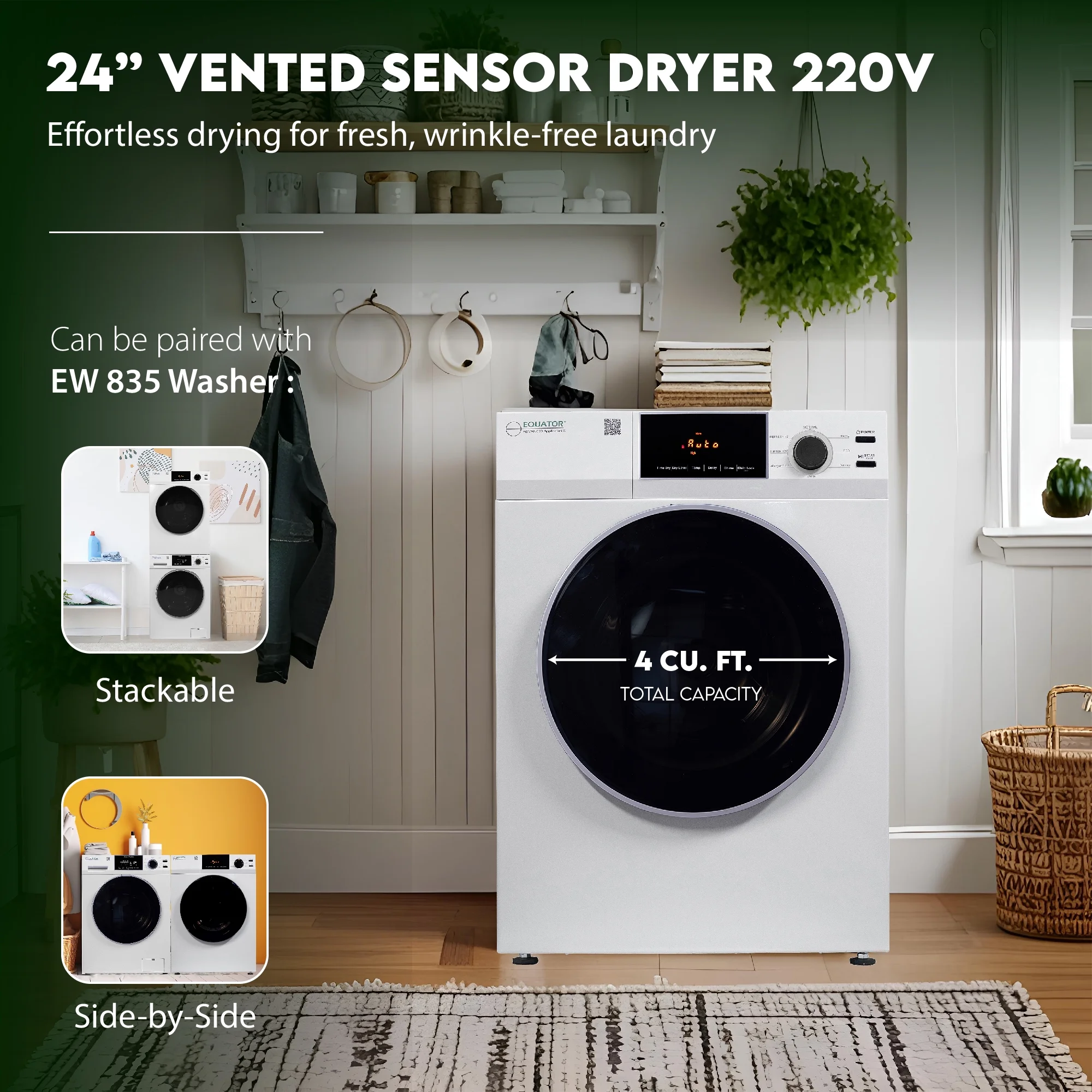 Equator 4cu.ft. 220V Electric Vented Sensor Dryer Interior Light Reversible Door