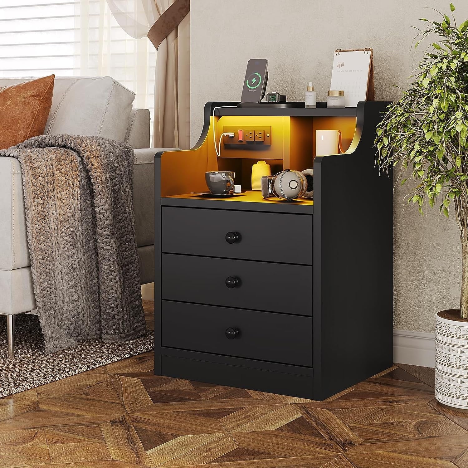 Nightstand with 3 Drawers and Shelves,Night Stand with LED Lights and USB Port Charging Station,LED Bedside Table with Hutch,Black(Black) - Image 8