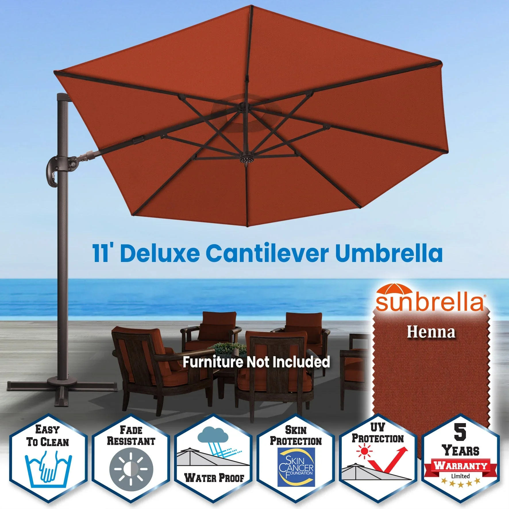 SUNRISEUMBRELLA 11' Deluxe Cantilever Umbrella LED Lighted Umbrella Sunbrella Cover Patio Umbrella Garden Outdoor (Henna)