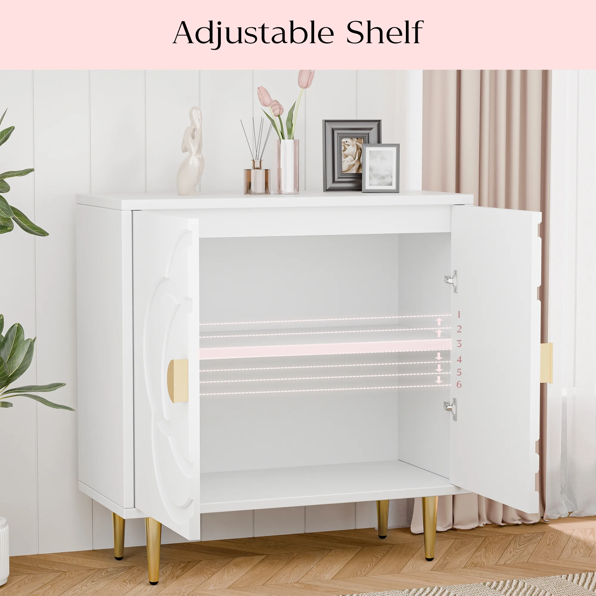 Modern Sideboard Buffet Cabinet with Flower Pattern Panel, 6 Shelves, White(white) - Image 6