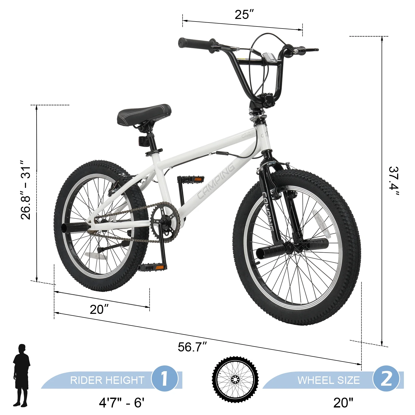Ktaxon 20in BMX Bike, Beginner Trick Bicycle with Hi - Ten Steel Frame, 360 Degree Rotor Freestyle, 4 Pegs, V - Brake, White