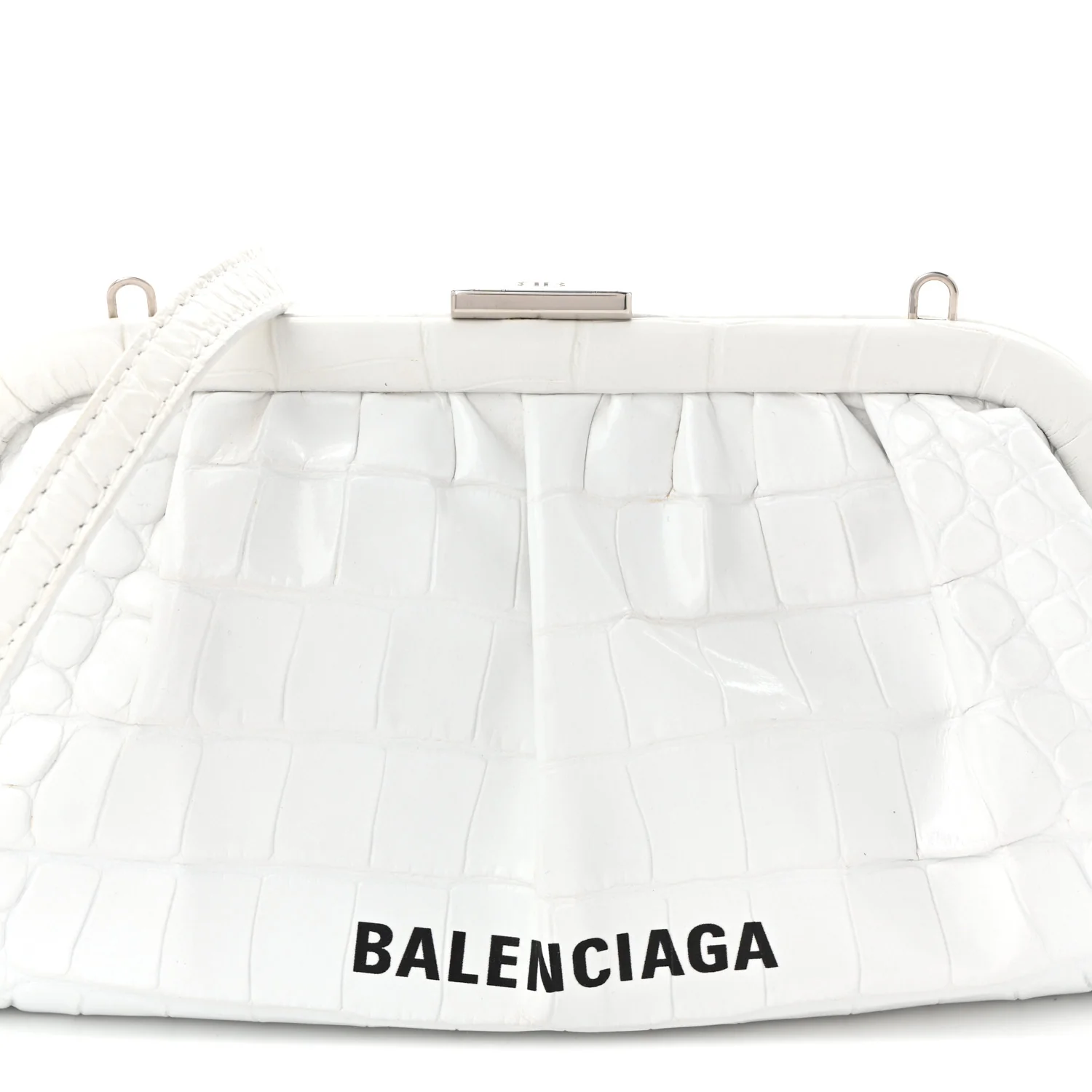 Shiny Supple Calfskin Logo Crocodile Embossed Cloud Clutch XS White