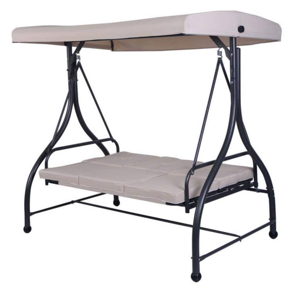 Clihome 3-Seats Patio Swing Canopy Hammock Porch Swing Glider Beige