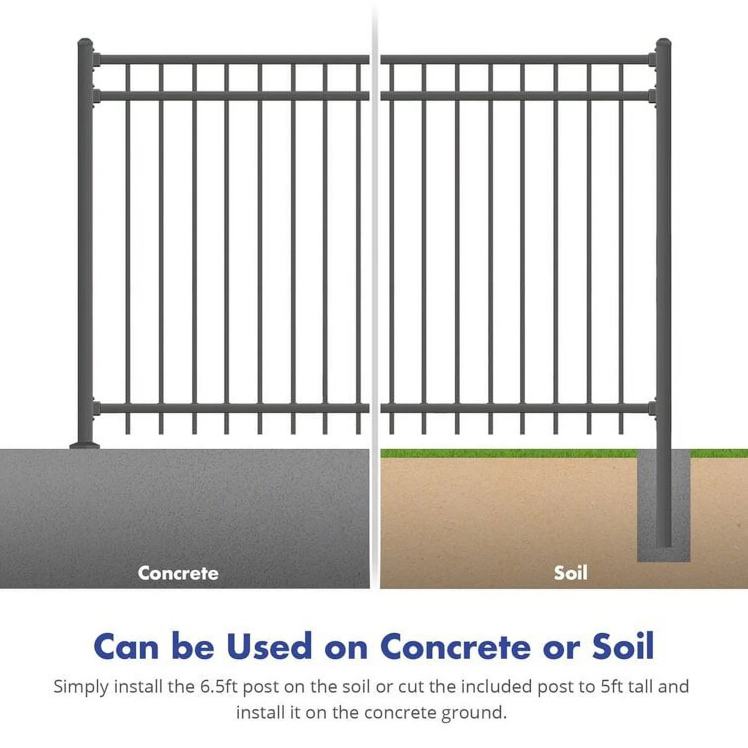 XCEL Fence Cortina Black Steel Anti - Rust Fence Panel - Flat Top - Flat Bottom Pickets - 5'H X 6.5'W - Easy Installation - for Residential, Outdoor, Yard, Garden, 3 - Rail, One Post Included