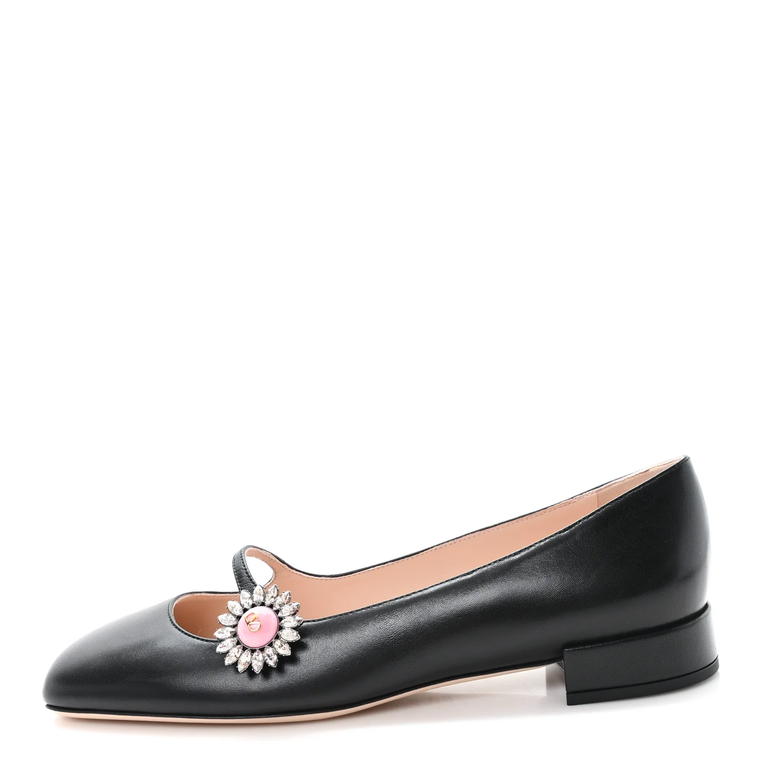 Kidskin Jewel Button Mary Jane Flats  38.5 Black Pink