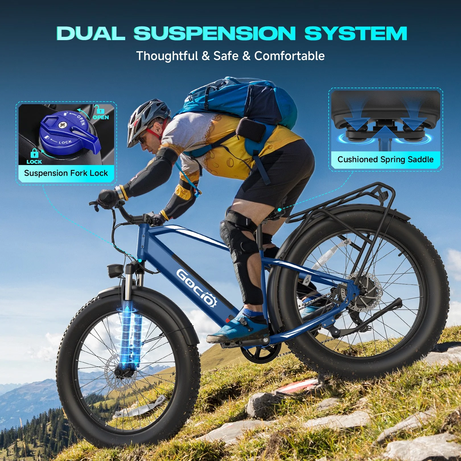 Electric Bike, 26"x4.0" Fat Tire E-Mountain Bike, Peak 1000W Motor, 28MPH 48V 15Ah Battery Removable Ebike for off Road, Sand, UL2849(Blue) - Image 7
