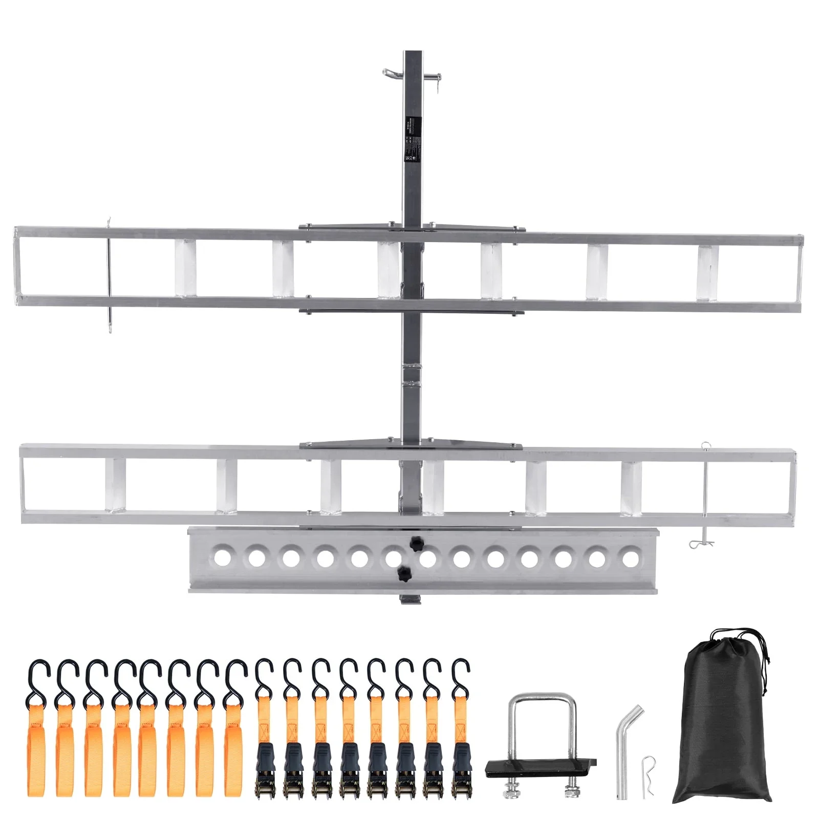 KFFKFF 2-Bike Aluminum Motorcycle Hitch Carrier, 600 lb Capacity, Loading Ramp, Ratchet Straps and Stabilizer