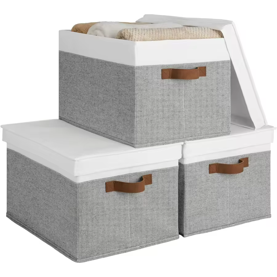 Storage Bins With Lid, Decorative Boxes With Soft Rope Handles, Foldable Baskets, Gray, Large, 3-Pack