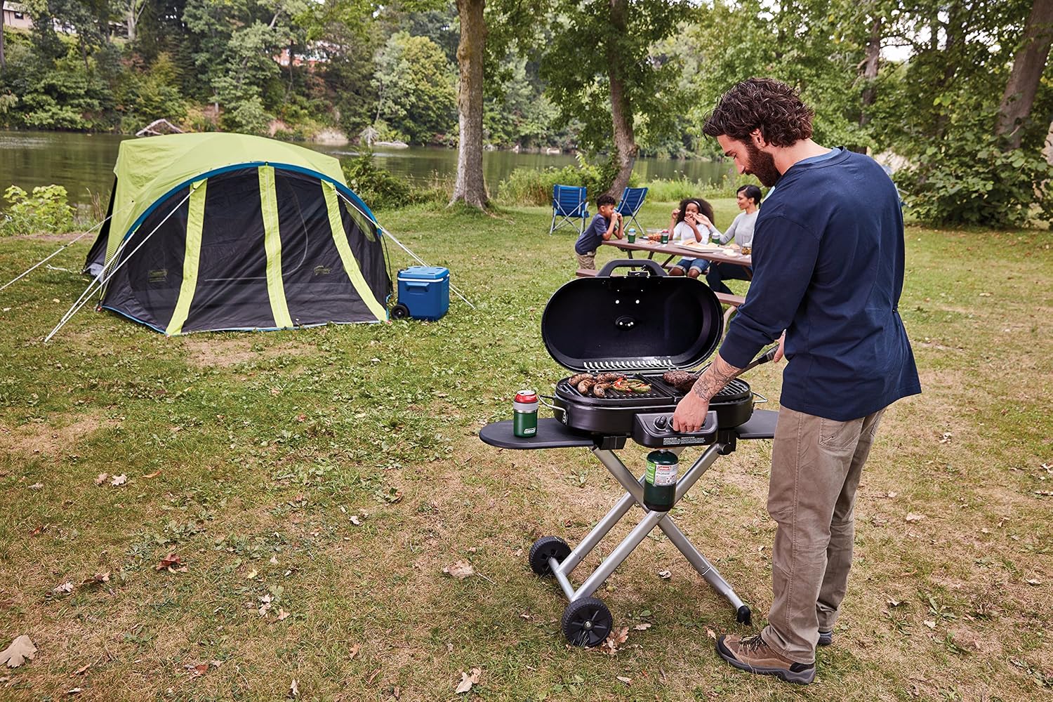 Coleman RoadTrip 285 Portable Stand-Up Propane Grill with 3 Adjustable Burners & Instant Start Ignition, 20,000 BTUs of Power for Outdoor Cooking, Camping, Tailgating, Grilling, BBQs, & More