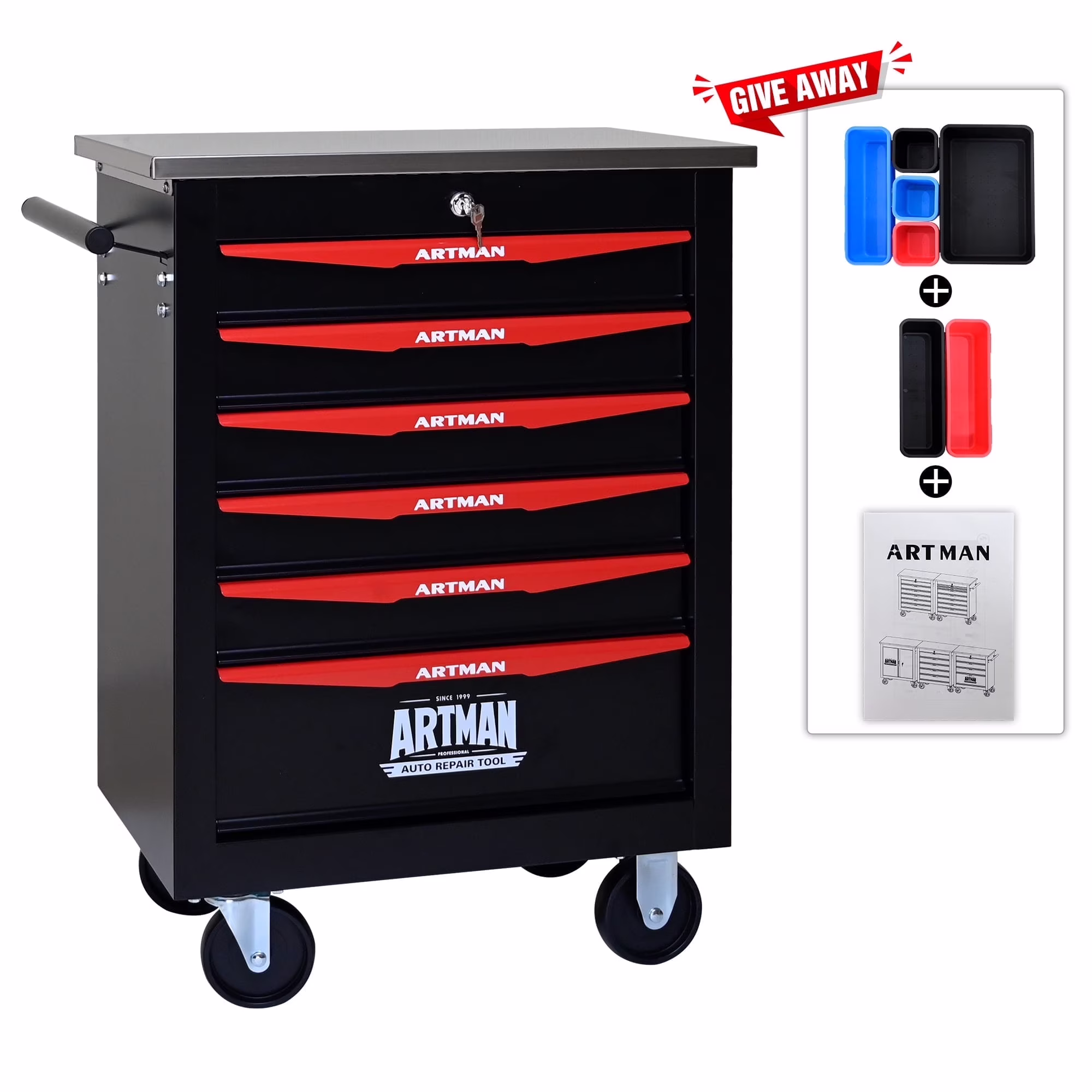 ARTMAN  6 Drawers Metal Rolling Storage  Tool Chest Cabinet Cart with Wheels,with Key Locking and Parking Brake, Tool Box for Garage Workshop Warehouse